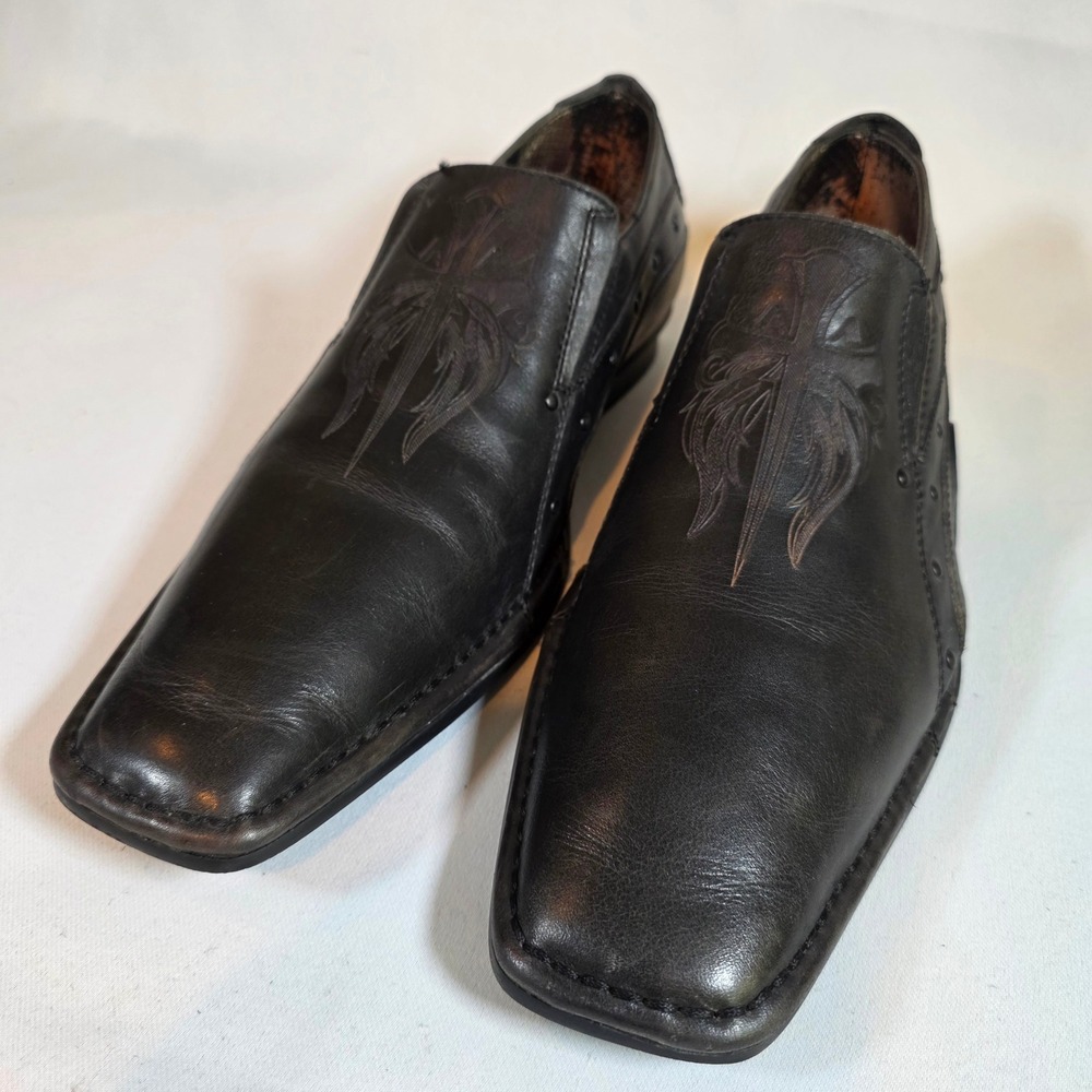 MARK NASON Men's 8 Black Leather Winged Cross Gothic Rocker Slip On Loafers